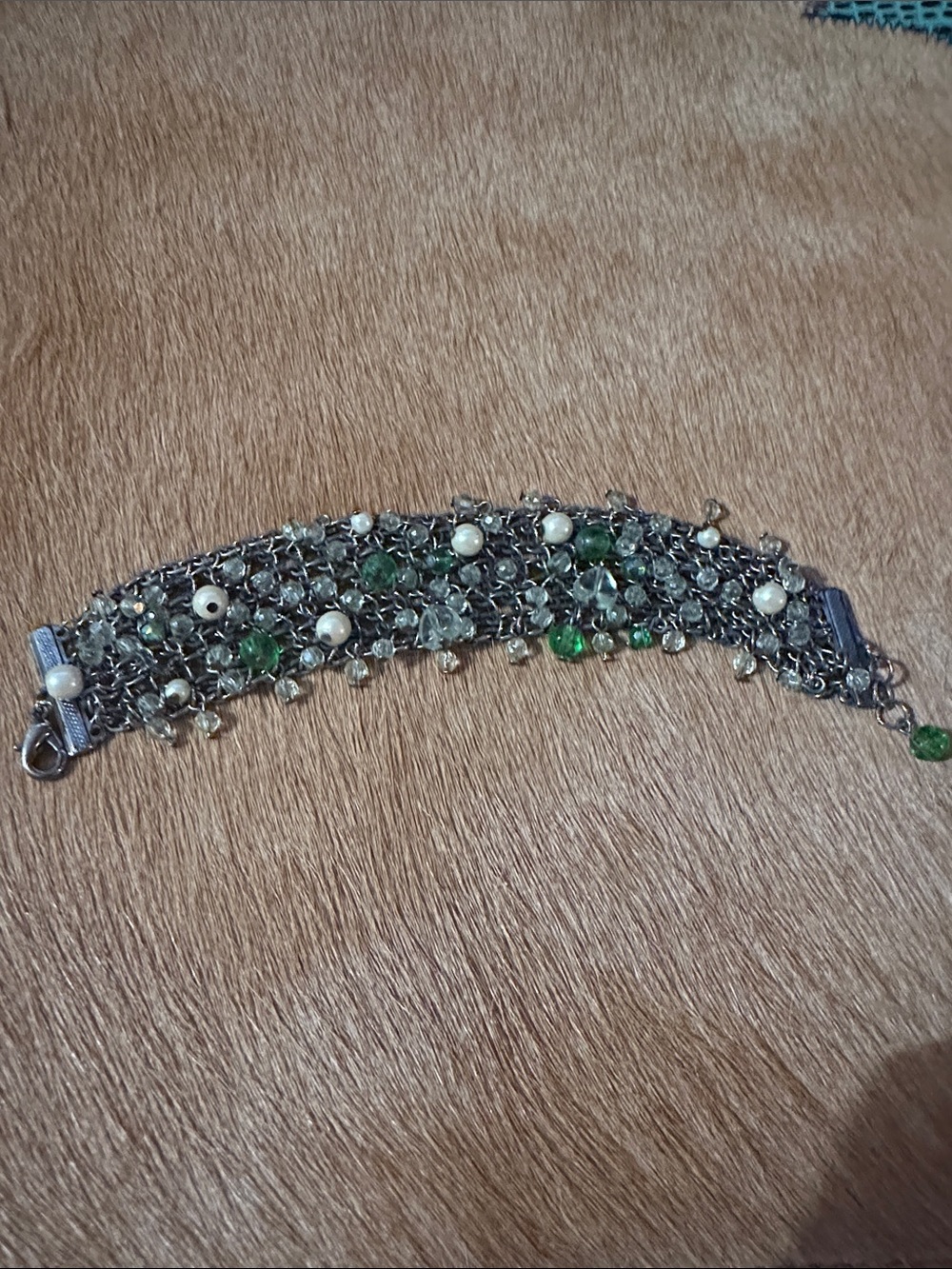 Beaded Statement Bracelet in Green & Gray Like New